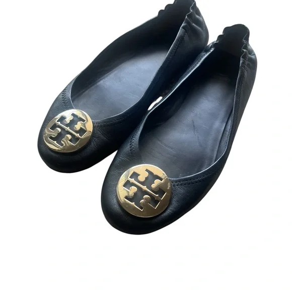 Tory Burch Minnie Travel Ballet Flats Black Leather 8.5 Logo Medallion - Picture 2 of 6